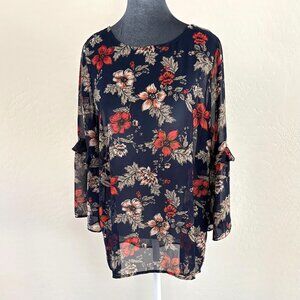 Pleione Sheer Floral Blouse with Bell Sleeves - Navy Multi - Size M